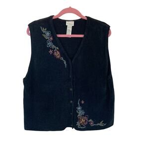 Koret vintage navy blue knit vest floral embroidery size XL grandmacore cottage